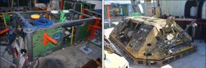 Two panel image. On the left a green and metal rectangle with legs. There are instruments and ropes attached to it. On the right a low yellow frame, like a tank with instruments and ropes attached.