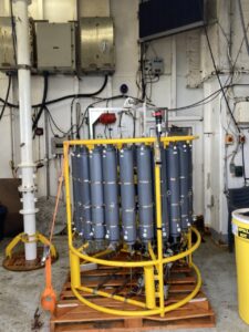 The CTD and rosette. The grey bottles are the Niskin bottles to collect water samples. Credit: A. Eagan, University of Washington; V26.