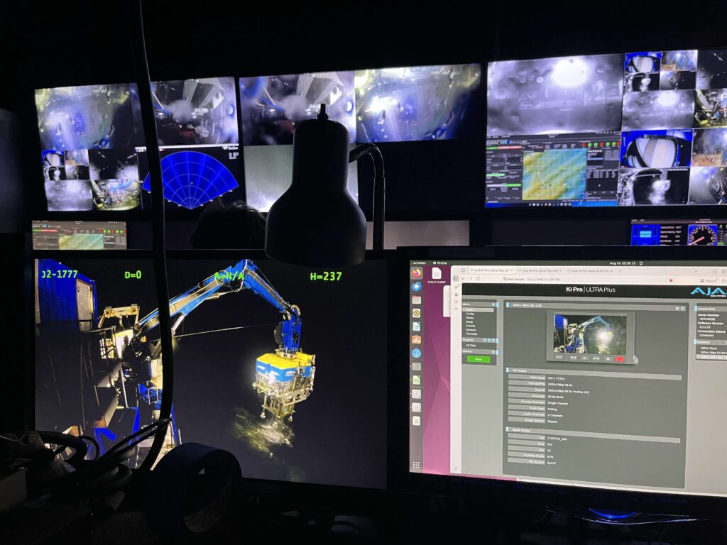 Control van view of Jason emerging from its final dive at the Oregon Shelf site. Credit: A. Wolf, University of Washington; V26.