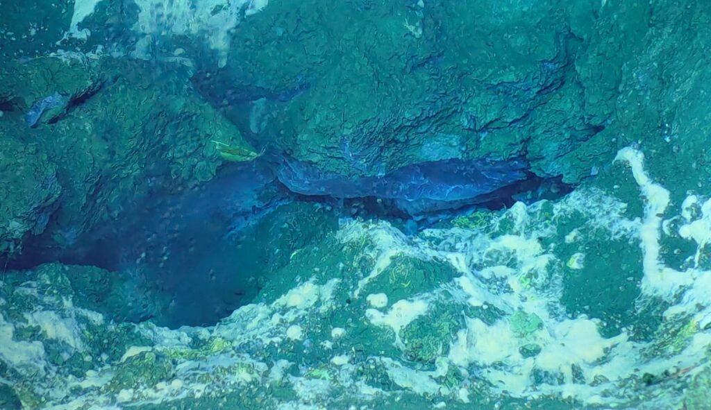 Methane hydrate exposed under small ledge in a blow out pit.