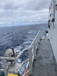 Waves along side the ship of the Revelle during transit.