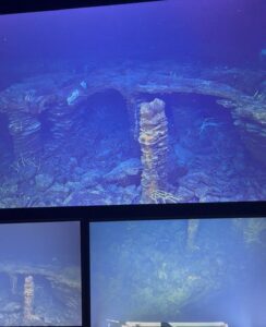 A cavern formed by collapse of a lava lake with a large pillar in front.