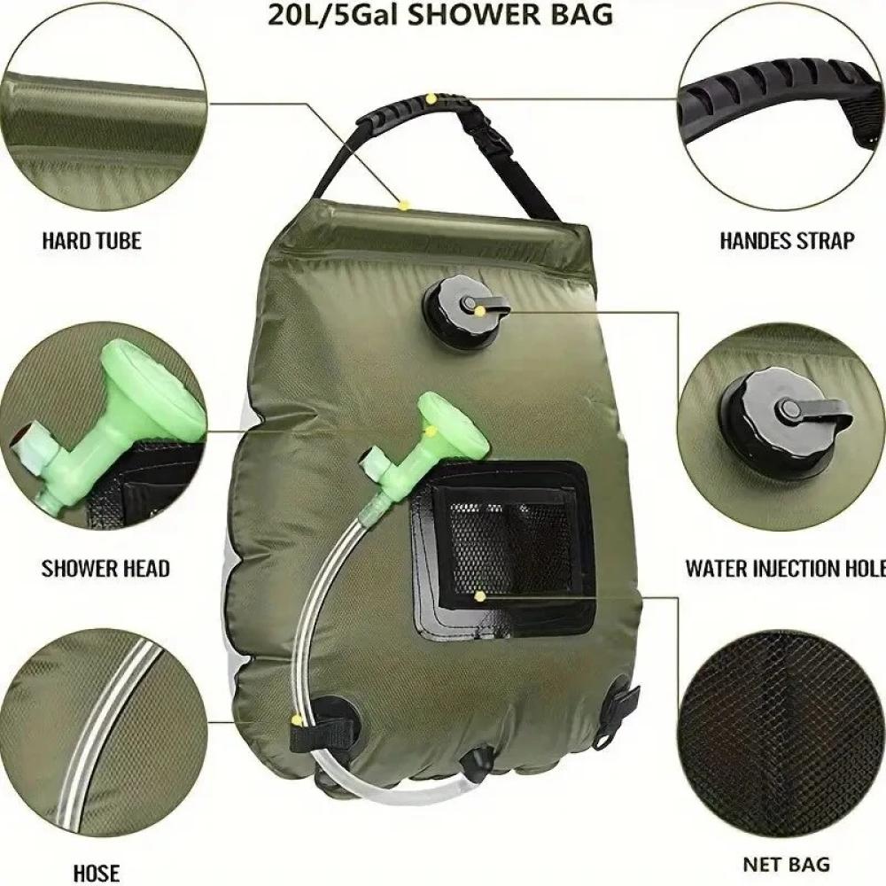 Outdoor Solar Heated Shower Bag 20L with Removable Hose 45°C Hot Water Temp