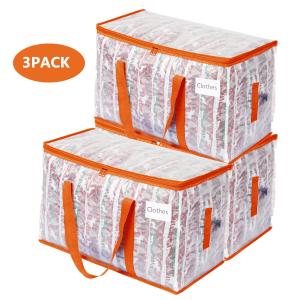 3pcs Extra Large 92L Heavy Duty Clear Moving Bags with Fixed Shoulder Strap Zipper Closure Foldable Water / Stain Resistant Stylish Storage Tote Bag