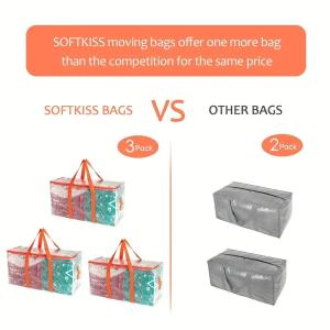 3pcs Extra Large 92L Heavy Duty Clear Moving Bags with Fixed Shoulder Strap Zipper Closure Foldable Water / Stain Resistant Stylish Storage Tote Bag