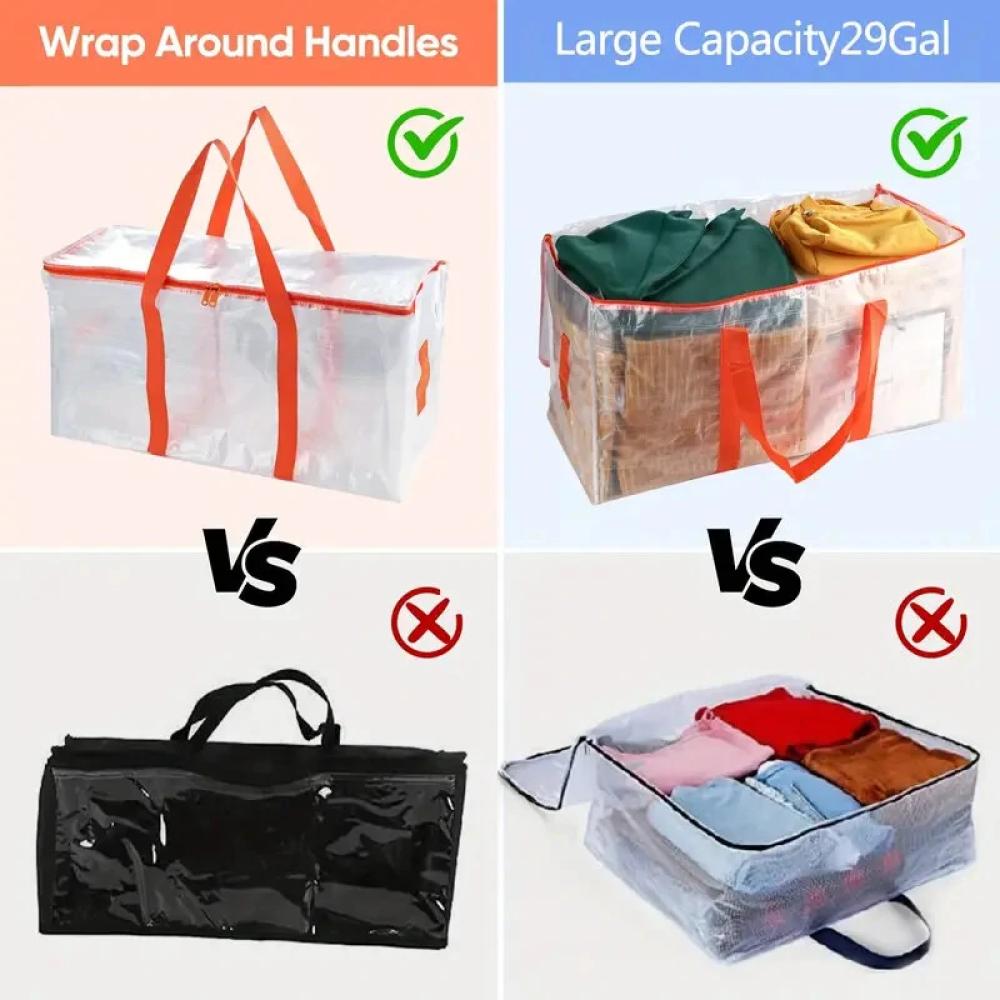 3pcs Extra Large 92L Heavy Duty Clear Moving Bags with Fixed Shoulder Strap Zipper Closure Foldable Water / Stain Resistant Stylish Storage Tote Bag