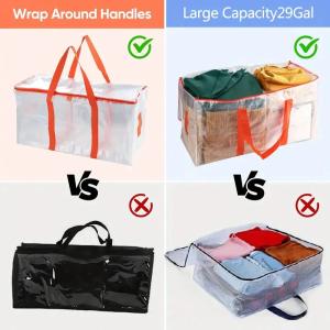 3pcs Extra Large 92L Heavy Duty Clear Moving Bags with Fixed Shoulder Strap Zipper Closure Foldable Water / Stain Resistant Stylish Storage Tote Bag