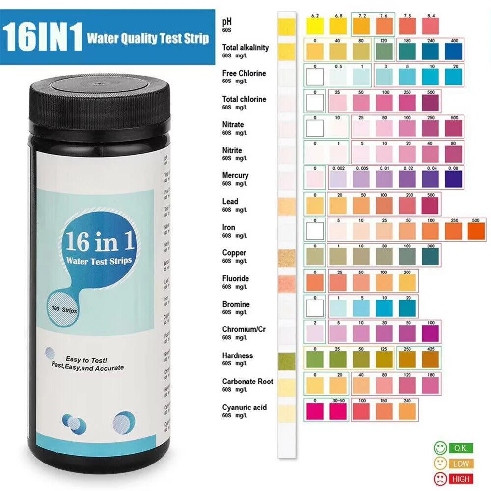 50/100pcs 16-In-1 Drinking Water Test Kits Strip Home Water Quality Test Swimming Pool Spa Water Test Strip Nitrate Nitrite PH Hardness