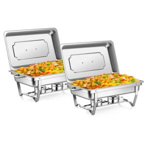 2-Sets! Chafing Dishes, 9QT/Foldable Glass Lid, Stainless Steel Food Warmer Set, Full Size Water Pan, Fuel Holder for Cooked Foods