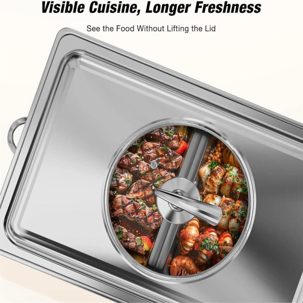 2-Sets! Chafing Dishes, 9QT/Foldable Glass Lid, Stainless Steel Food Warmer Set, Full Size Water Pan, Fuel Holder for Cooked Foods