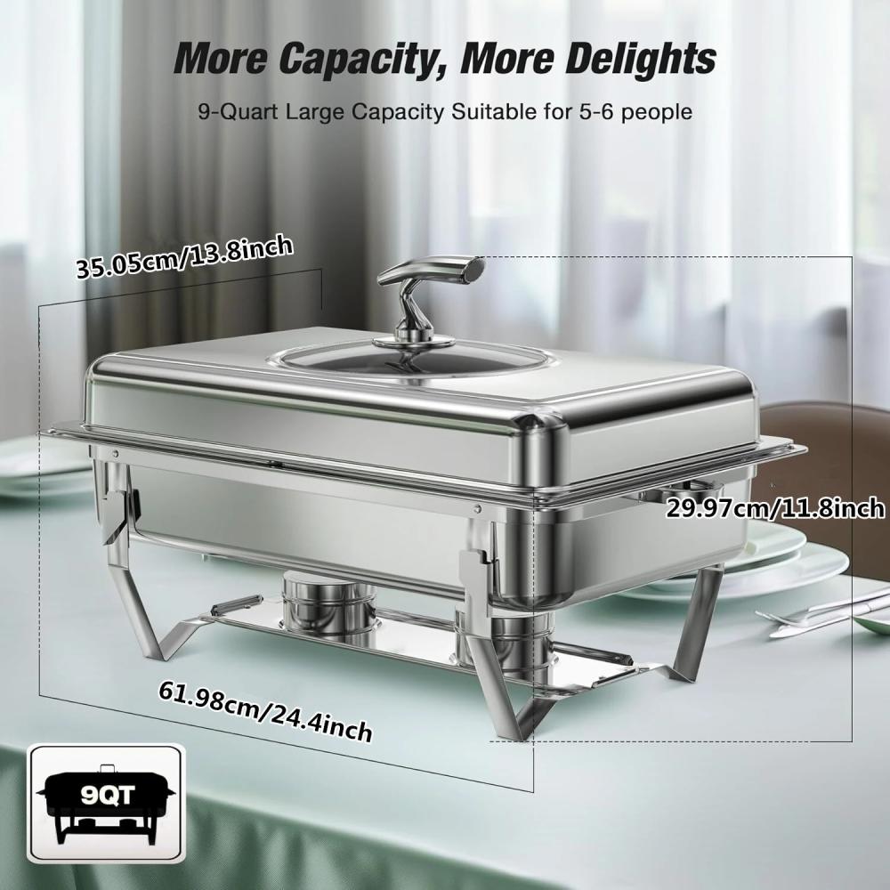 2-Sets! Chafing Dishes, 9QT/Foldable Glass Lid, Stainless Steel Food Warmer Set, Full Size Water Pan, Fuel Holder for Cooked Foods