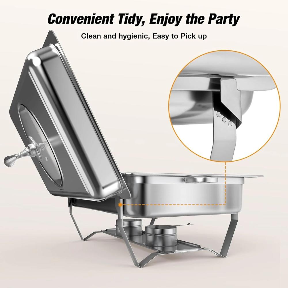 2-Sets! Chafing Dishes, 9QT/Foldable Glass Lid, Stainless Steel Food Warmer Set, Full Size Water Pan, Fuel Holder for Cooked Foods