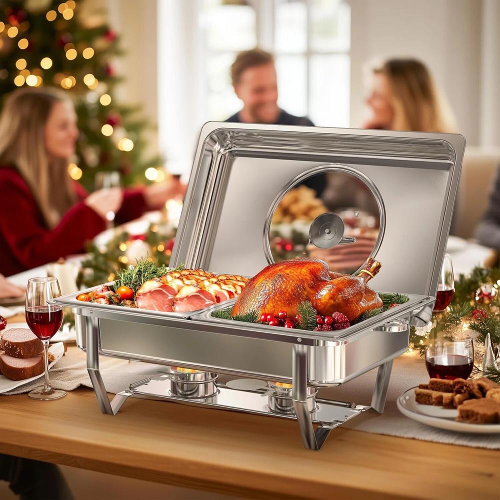 2-Sets! Chafing Dishes, 9QT/Foldable Glass Lid, Stainless Steel Food Warmer Set, Full Size Water Pan, Fuel Holder for Cooked Foods
