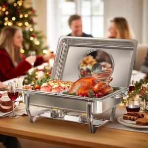2-Sets! Chafing Dishes, 9QT/Foldable Glass Lid, Stainless Steel Food Warmer Set, Full Size Water Pan, Fuel Holder for Cooked Foods