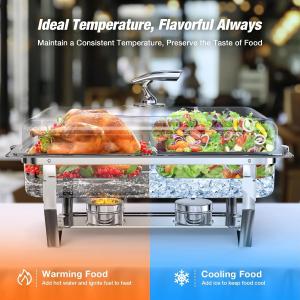 2-Sets! Chafing Dishes, 9QT/Foldable Glass Lid, Stainless Steel Food Warmer Set, Full Size Water Pan, Fuel Holder for Cooked Foods