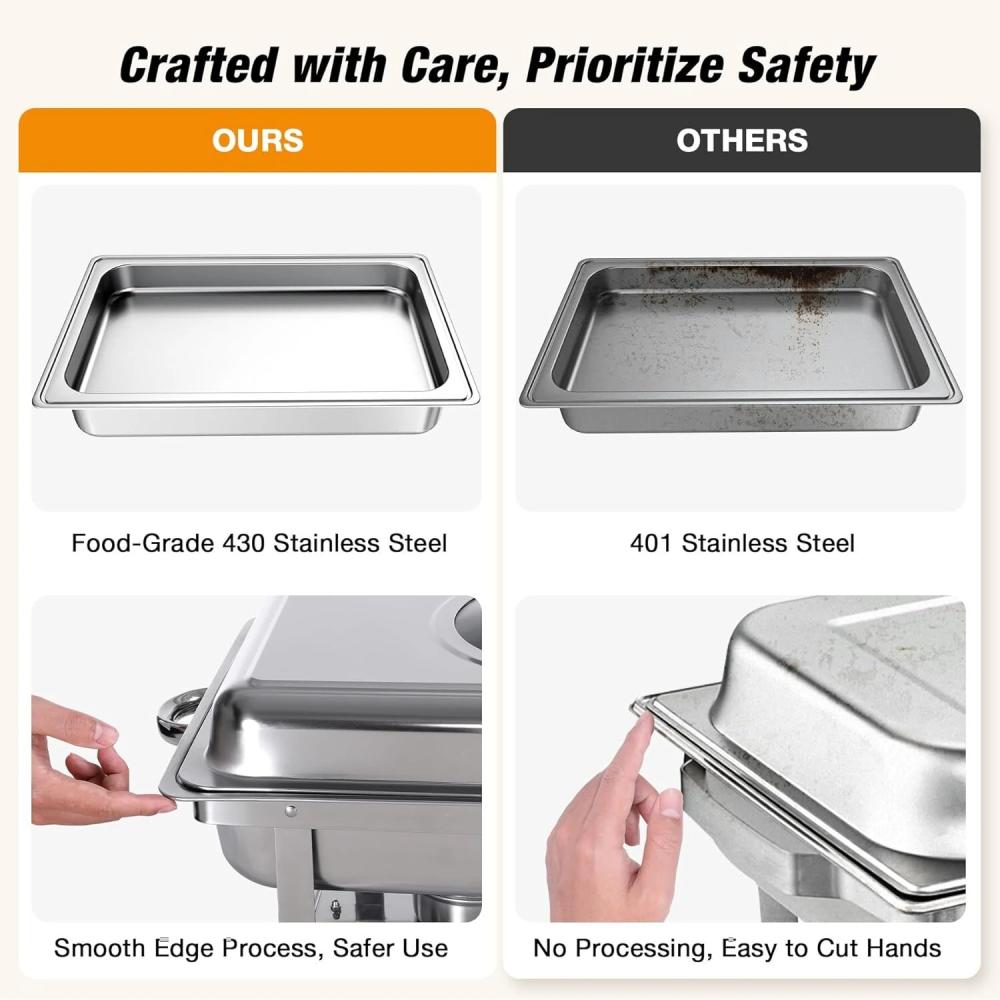 2-Sets! Chafing Dishes, 9QT/Foldable Glass Lid, Stainless Steel Food Warmer Set, Full Size Water Pan, Fuel Holder for Cooked Foods