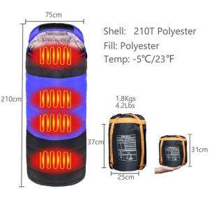 Camping Heated Sleeping Bag For Winter USB Charging 4 Heating Zones Heating Pads Portable 3 Temperature Adjustable Sleep Bag