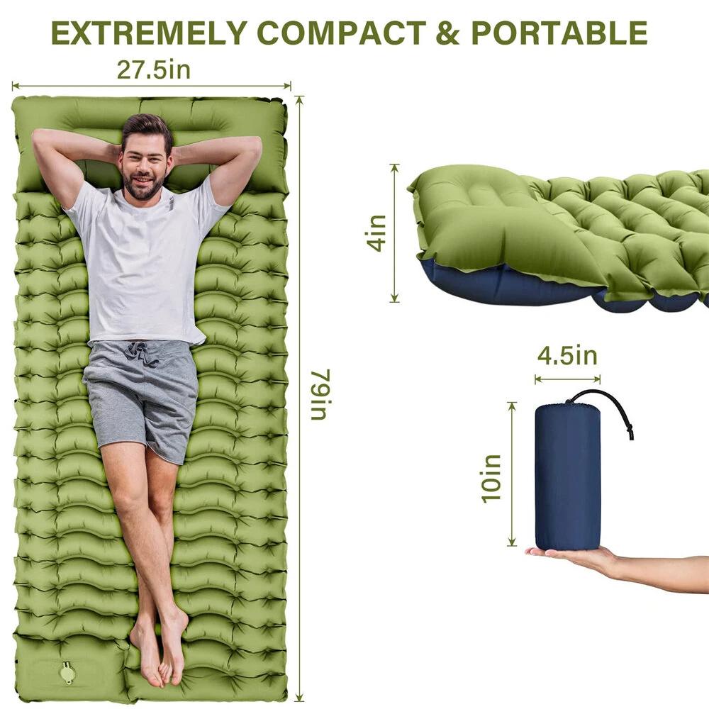 Outdoor Portable Self-Inflating Camping Air Mattress 4-Inch Thick Compact Ultralight Sleeping Pad with Built-in Foot Pump Pillow