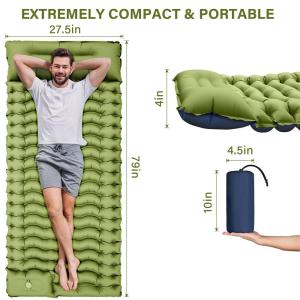 Outdoor Portable Self-Inflating Camping Air Mattress 4-Inch Thick Compact Ultralight Sleeping Pad with Built-in Foot Pump Pillow
