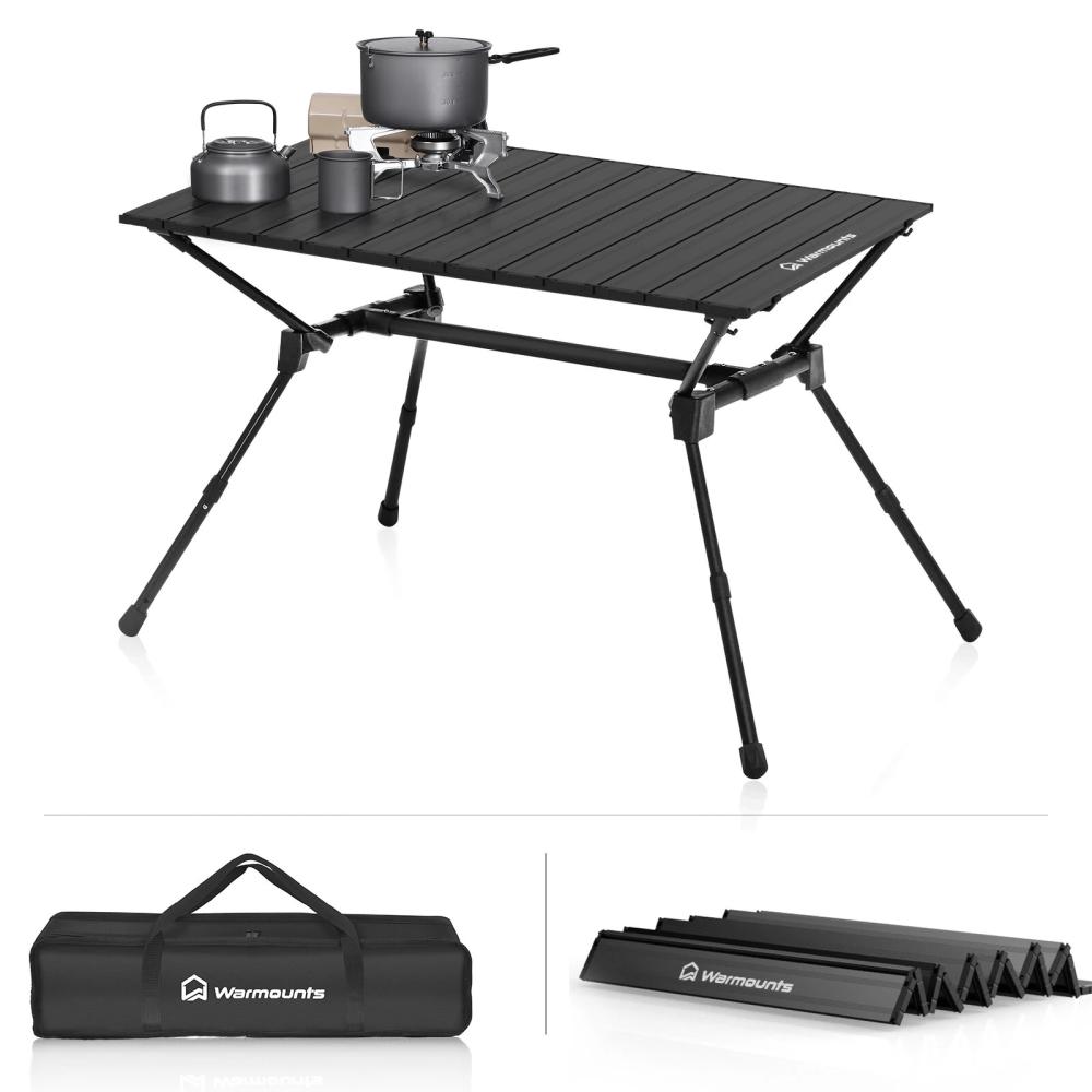 Warmounts HT1 Folding Camping Table Adjustable Heights 35"/49" Wide Portable Camping Table, Aluminum Roll-up Camping Table w/ Carrying Bag for Picnic, Grill, Fishing, Beach, Suitable for 2-4/ 4-6People