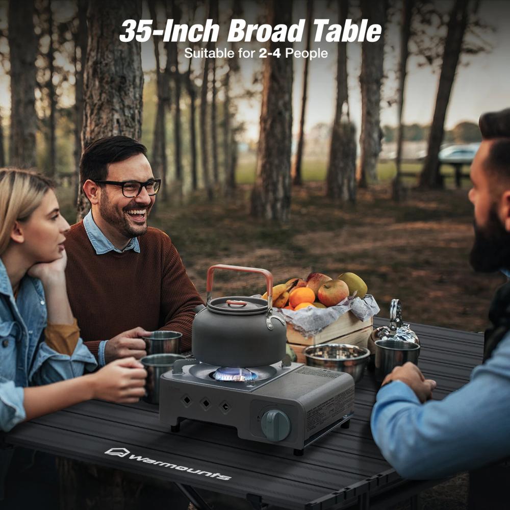 Warmounts HT1 Folding Camping Table Adjustable Heights 35"/49" Wide Portable Camping Table, Aluminum Roll-up Camping Table w/ Carrying Bag for Picnic, Grill, Fishing, Beach, Suitable for 2-4/ 4-6People