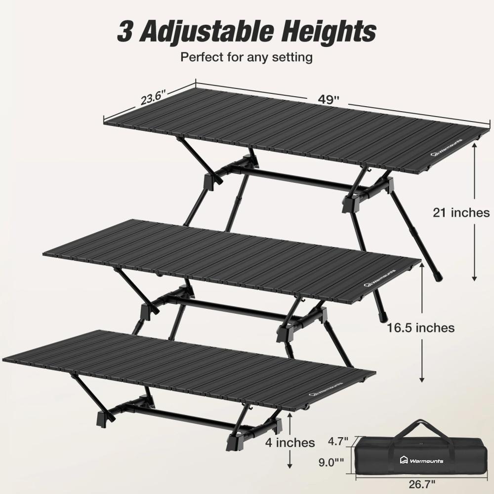 Warmounts HT1 Folding Camping Table Adjustable Heights 35"/49" Wide Portable Camping Table, Aluminum Roll-up Camping Table w/ Carrying Bag for Picnic, Grill, Fishing, Beach, Suitable for 2-4/ 4-6People