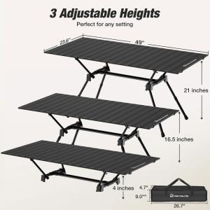 Warmounts HT1 Folding Camping Table Adjustable Heights 35"/49" Wide Portable Camping Table, Aluminum Roll-up Camping Table w/ Carrying Bag for Picnic, Grill, Fishing, Beach, Suitable for 2-4/ 4-6People