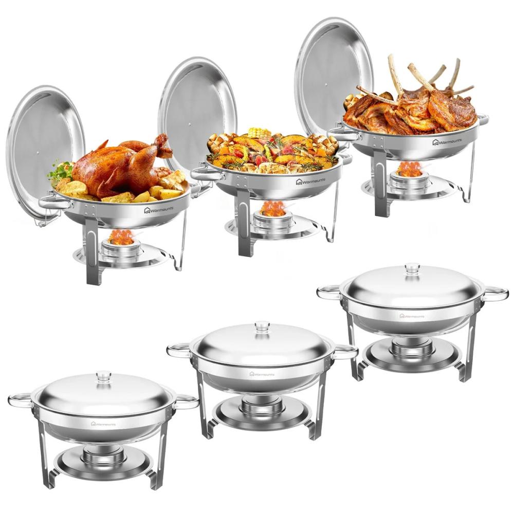6 Sets of Chafing Dishes Buffet, 5QT Round Stainless Steel Catering Food Warmer w/ Glass Lids & Holders