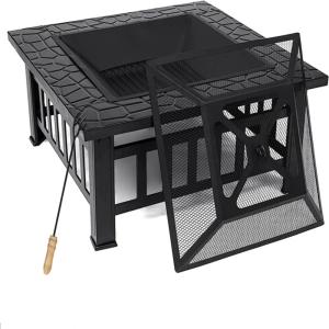 Fire Pit 32'' Wood Burning Metal Square Fire Table w/ Spark Screen Cover, Poker Log Grate