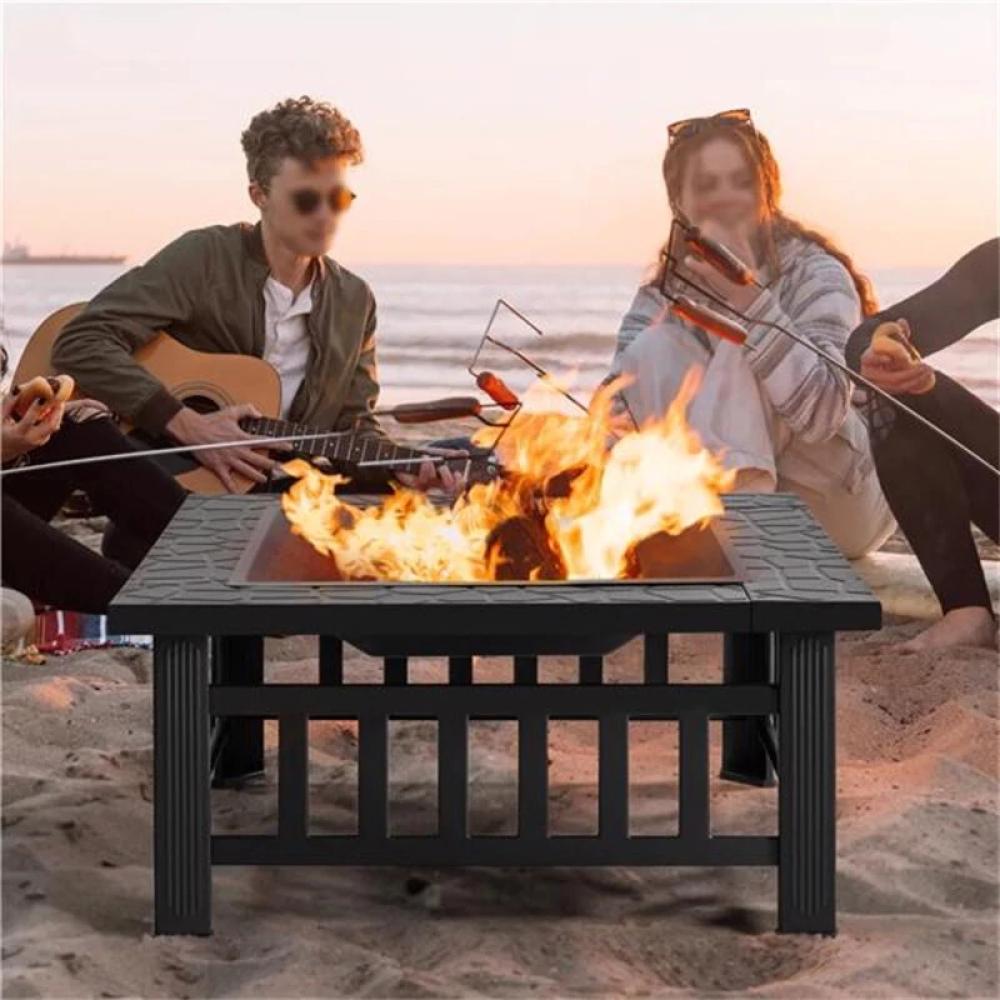 Fire Pit 32'' Wood Burning Metal Square Fire Table w/ Spark Screen Cover, Poker Log Grate