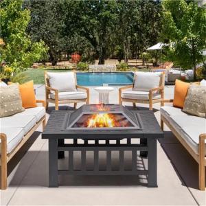 Fire Pit 32'' Wood Burning Metal Square Fire Table w/ Spark Screen Cover, Poker Log Grate