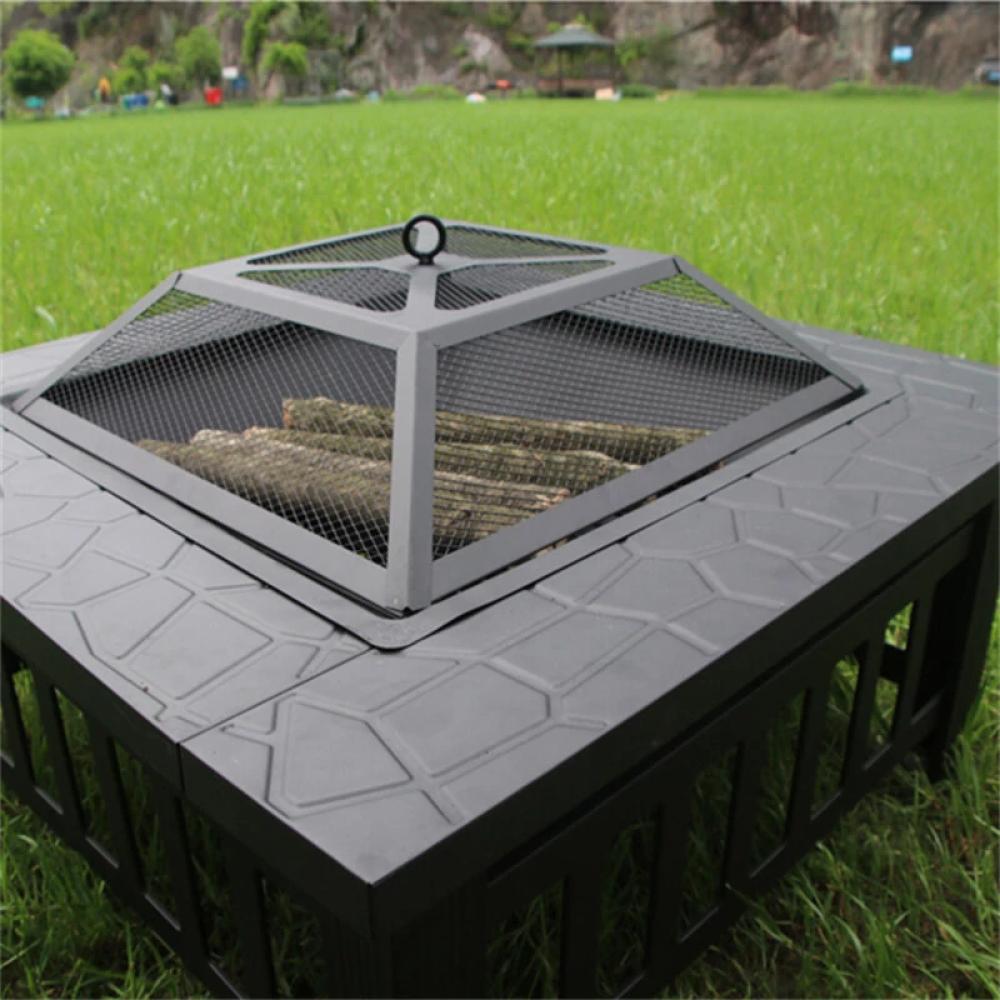 Fire Pit 32'' Wood Burning Metal Square Fire Table w/ Spark Screen Cover, Poker Log Grate