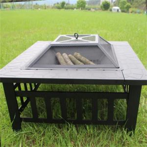 Fire Pit 32'' Wood Burning Metal Square Fire Table w/ Spark Screen Cover, Poker Log Grate