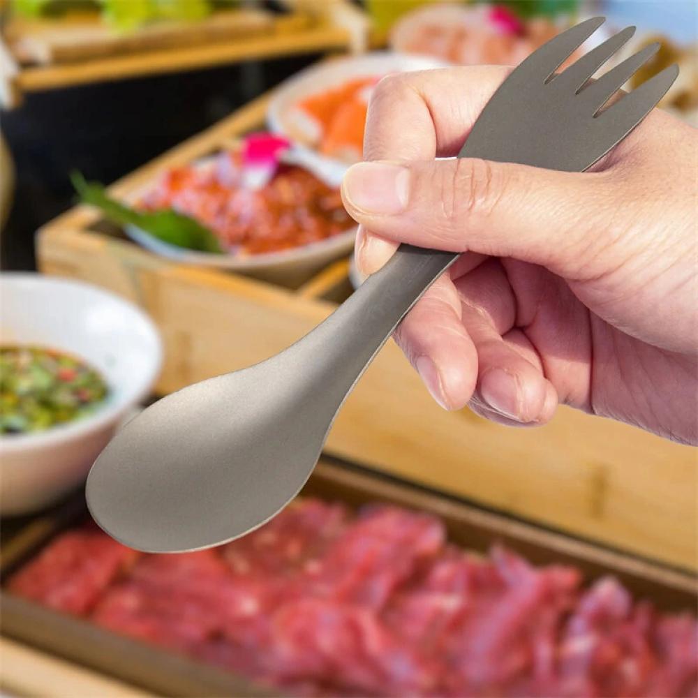 Portable Titanium Outdoor Camping Spoon / Fork - 2 in 1 Ultralight Kitchenware, reusable too!