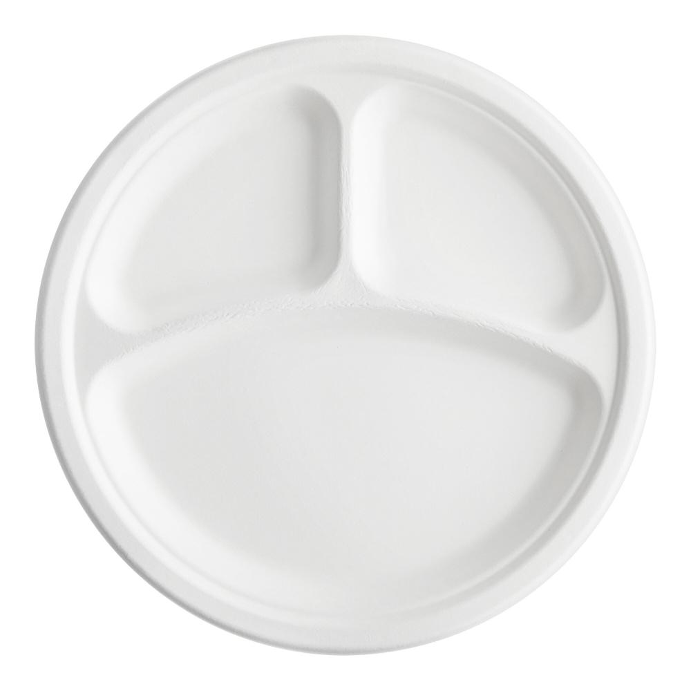 EcoChoice 10" Compostable No PFAS Added White Plant Fiber Plate 3 Compartment - 500/Case