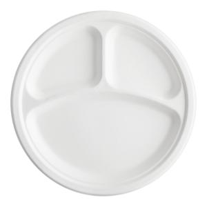 EcoChoice 10" Compostable No PFAS Added White Plant Fiber Plate 3 Compartment - 500/Case