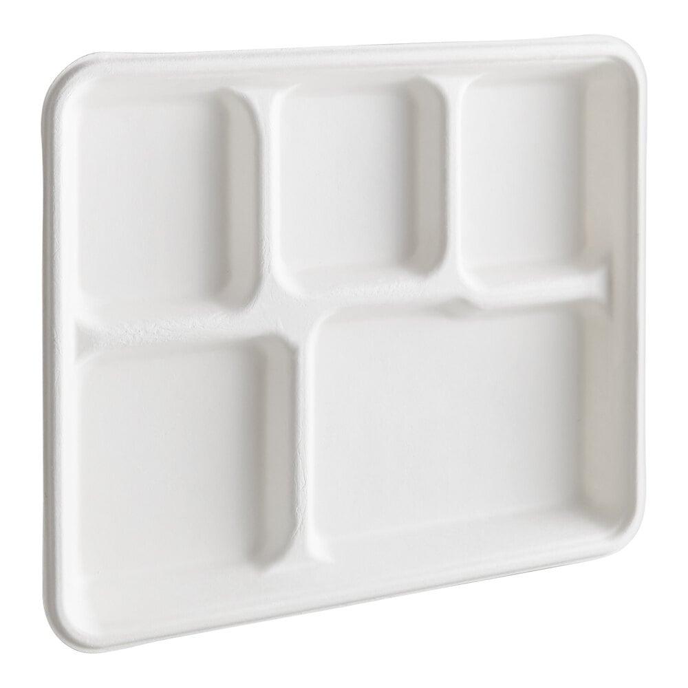 10" x 8" Compostable No PFAS Added White Plant Fiber 5 Compartment Tray - 100/Pack