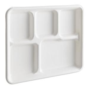 10" x 8" Compostable No PFAS Added White Plant Fiber 5 Compartment Tray - 100/Pack