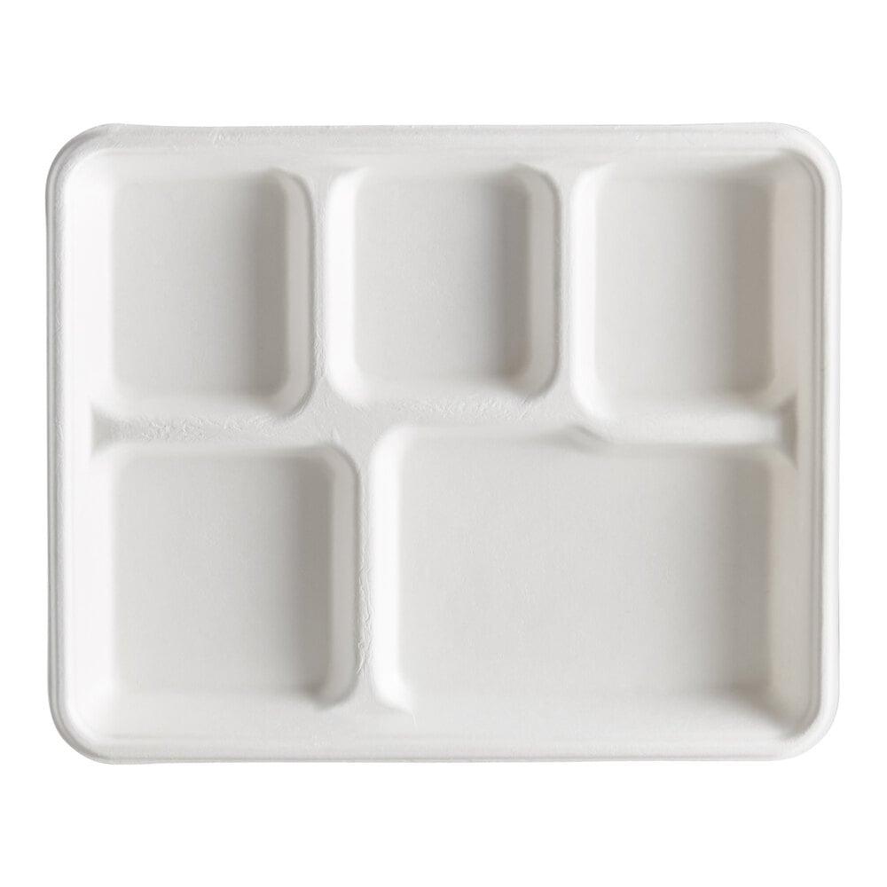 10" x 8" Compostable No PFAS Added White Plant Fiber 5 Compartment Tray - 100/Pack