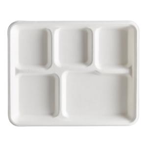 10" x 8" Compostable No PFAS Added White Plant Fiber 5 Compartment Tray - 100/Pack