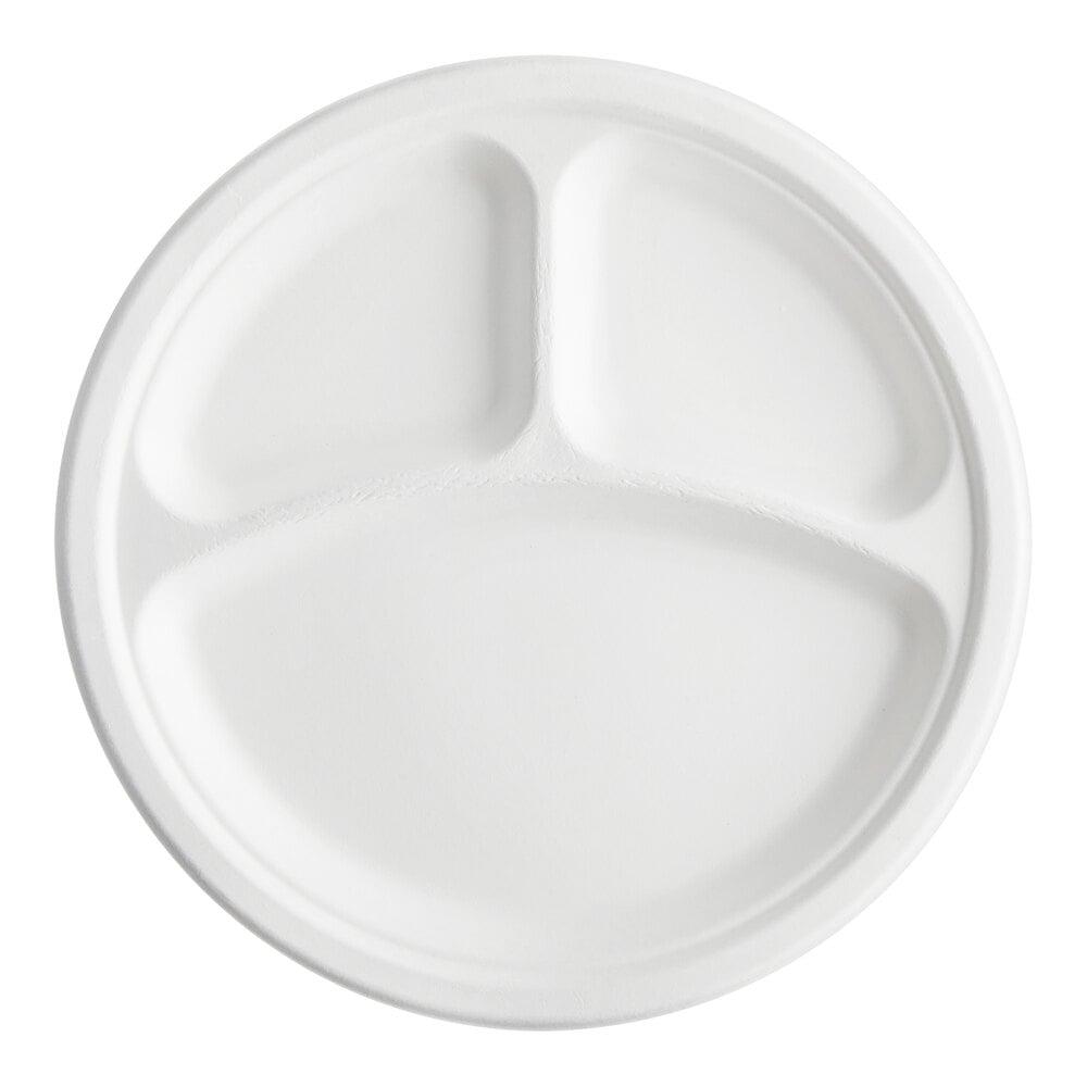 EcoChoice 10" Compostable No PFAS Added White Plant Fiber Plate 3 Compartment - 125/Pack