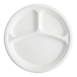 EcoChoice 10" Compostable No PFAS Added White Plant Fiber Plate 3 Compartment - 125/Pack