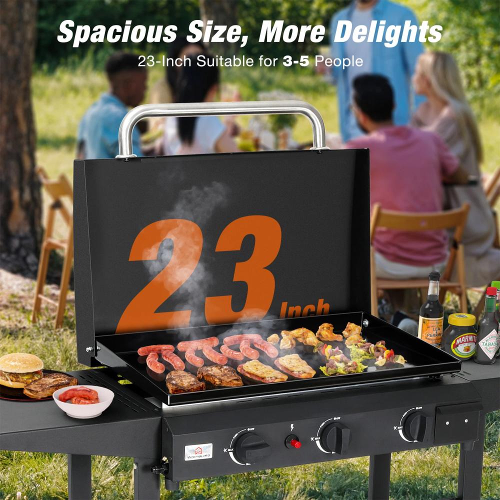 3 Burner Gas Griddle, 23" Outdoor Propane Griddle with Hood, Portable Flat Top Gas Grill - Griddle Station for Camping