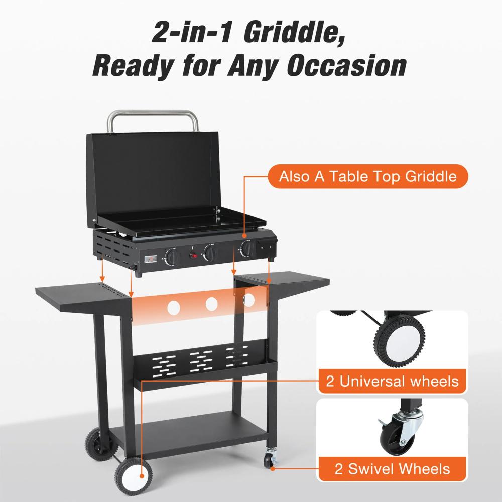 3 Burner Gas Griddle, 23" Outdoor Propane Griddle with Hood, Portable Flat Top Gas Grill - Griddle Station for Camping