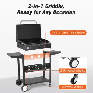 3 Burner Gas Griddle, 23" Outdoor Propane Griddle with Hood, Portable Flat Top Gas Grill - Griddle Station for Camping