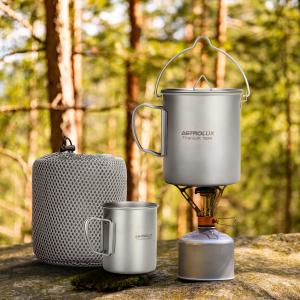 2 sized pots, 2 spork sets and carry bags, Ti-M1 Titanium Mug Lightweight Camping Pot with Portable Foldable Handles