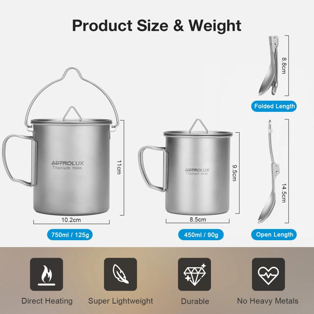 2 sized pots, 2 spork sets and carry bags, Ti-M1 Titanium Mug Lightweight Camping Pot with Portable Foldable Handles