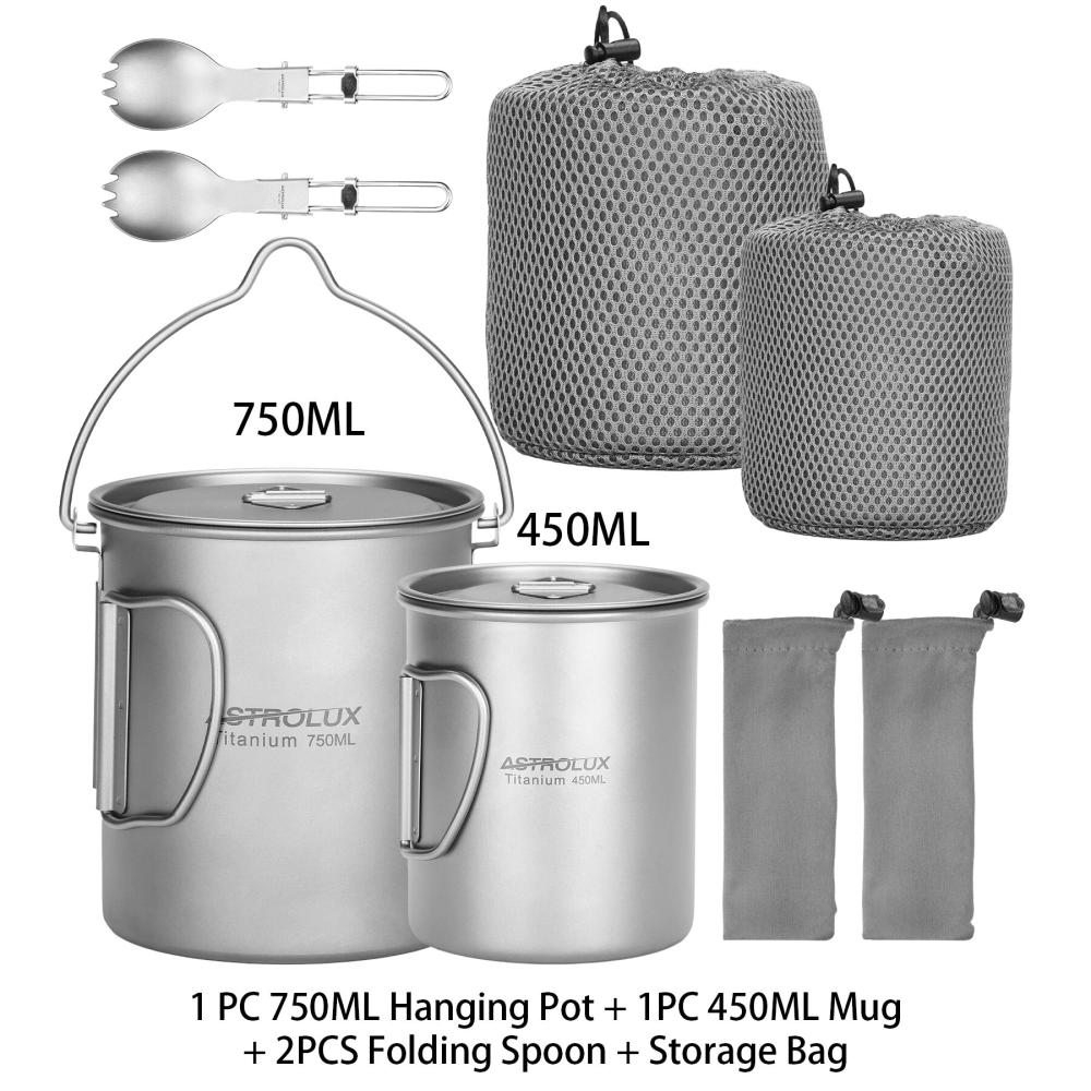 2 sized pots, 2 spork sets and carry bags, Ti-M1 Titanium Mug Lightweight Camping Pot with Portable Foldable Handles