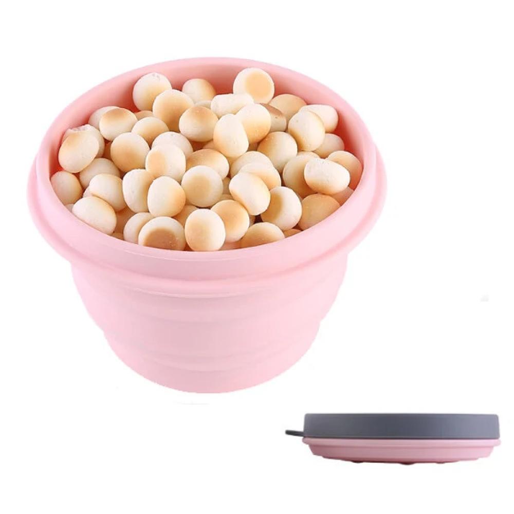 500ml Folding Silicone Bowl Portable Lunch Box Food Container Camping Picnic (Pink)