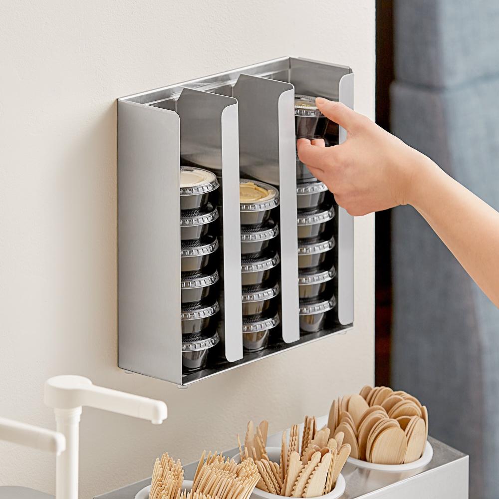 Adjustable 3-Section Stainless Steel Wall-Mount / Countertop 1.5 - 5.5 oz. Portion Cup / Lid Organizer